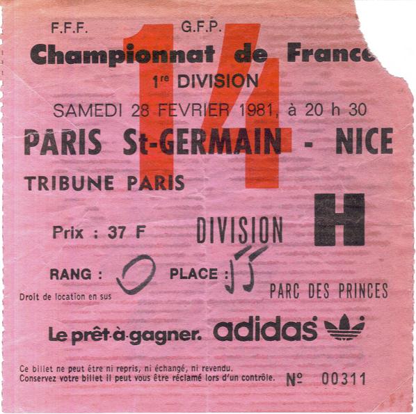 Billet-1980_1981-28-journe-D1-Paris-SG 2-1 Nice (Parc des Princes le 28/02/1981)