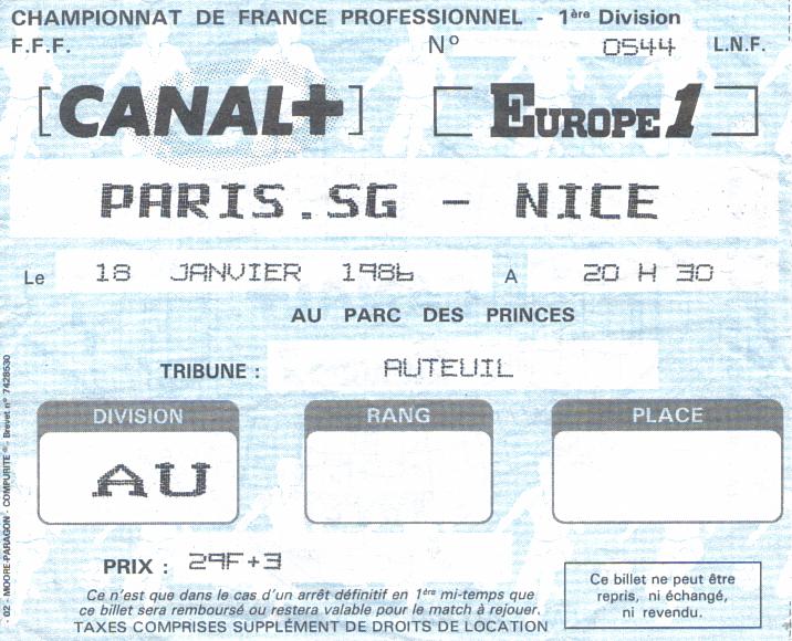 Billet 1985_1986 - 27è journée D1 - PSG 3-2 Nice (Parc des Princes le 18/01/1986)