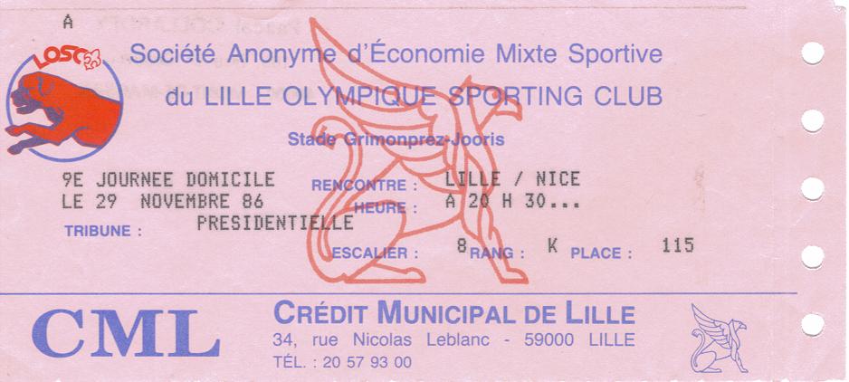Billet 1986_1987 - 19è journée D1 - Lille 1-1 Nice (Stade Grimonprez-Jooris le 27/11/1986)