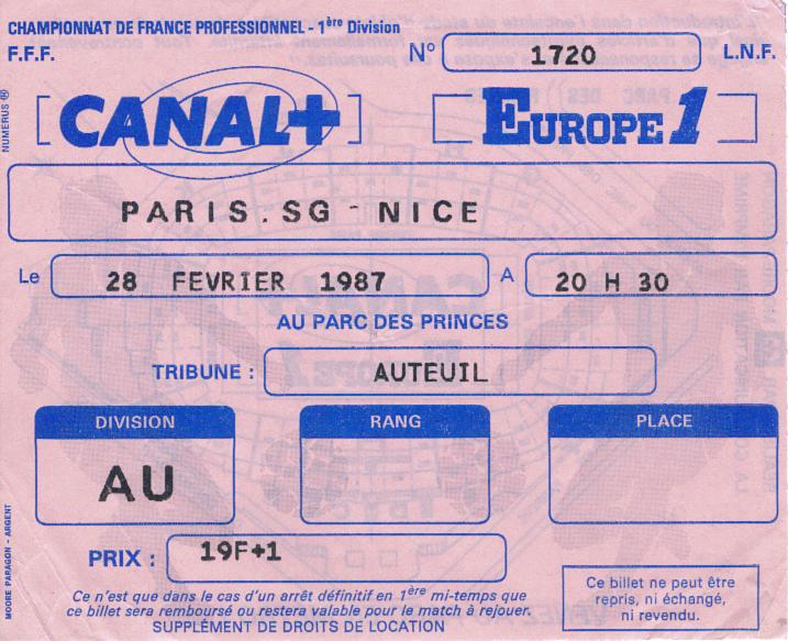 Billet 1986_1987 - 24è journée D1 - Paris.SG 0-3 Nice (Parc des Princes le 28/02/1987)