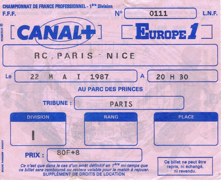 Billet 1986_1987 - 36è journée D1 - Racing Paris 3-1 Nice (Parc des Princes le 22/05/1987)