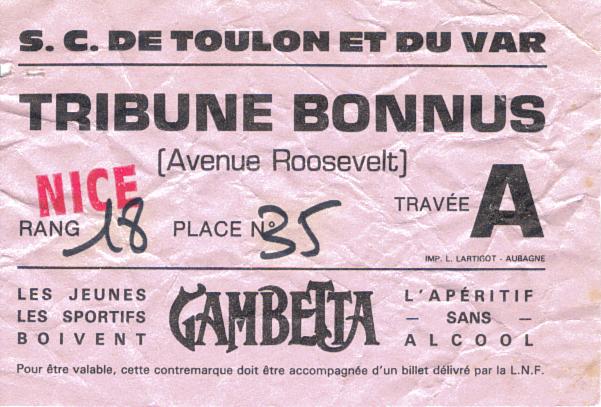 Billet 1987_1988 - 01è journée D1 - Toulon 4-1 Nice (Stade Mayol le 18/07/1987)
