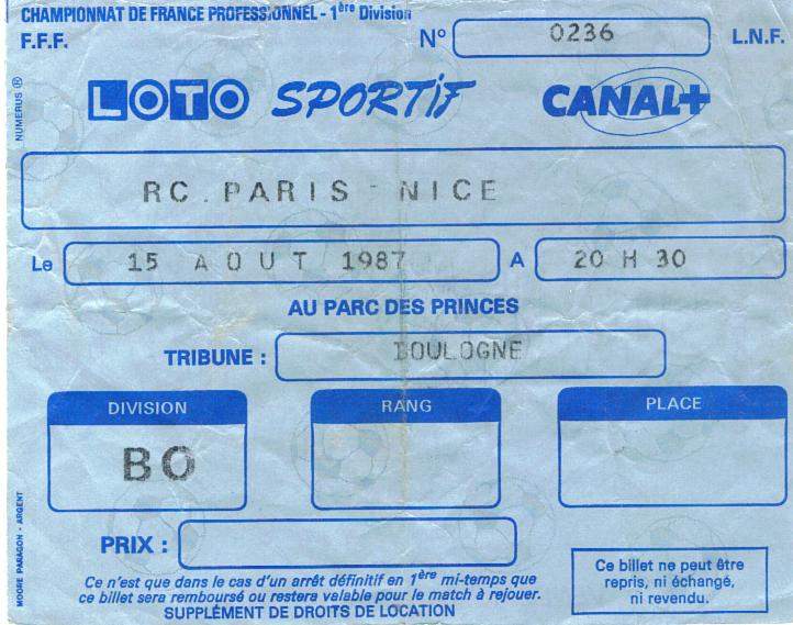 Billet 1987_1988 - 05è journée D1 - Racing Paris 2-1 Nice (Parc des Princes le 15/08/1987)