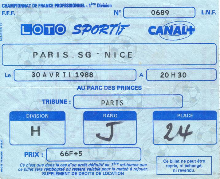 Billet 1987_1988 - 33è journée D1 - PSG 0-4 Nice (Parc des Princes le 30/04/1987)