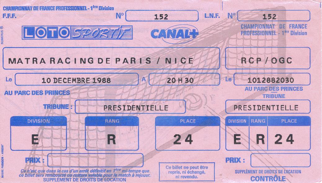 Billet 1988_1989 - 22è journée D1 - Matra Racing de Paris 1-1 Nice (Parc des Princes le 10/12/1988)