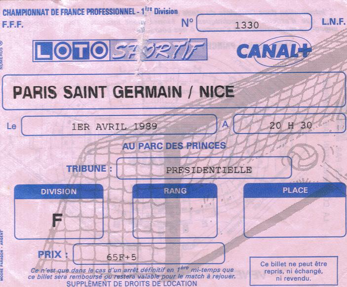 Billet-1988_1989-32-journe-D1-Paris-SG 1-0 Nice (Parc des Princes le 01/04/1989)