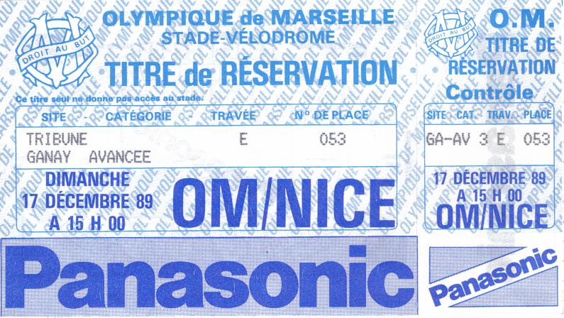 Billet 1989_1990 - 23è journée D1 - OM 3-0 Nice (Stade Vélodorme le 17/12/1989)