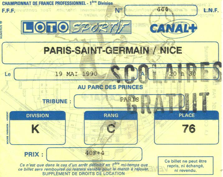 Billet 1989_1990 - 38è journée D1 - PSG 2-1 Nice (Parc des Princes le 19/05/1990)
