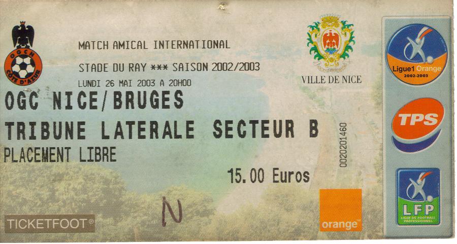 Billet 2002_2003 - Amical - Nice 1-1 Bruges (Stade du Ray le 26/03/2003)