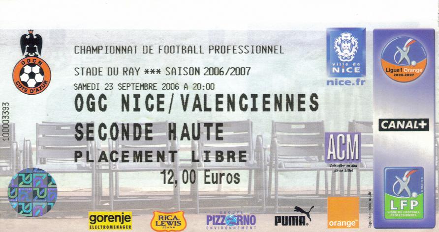 Billet 2006_2007 - 07è journée L1 - Nice-Valenciennes