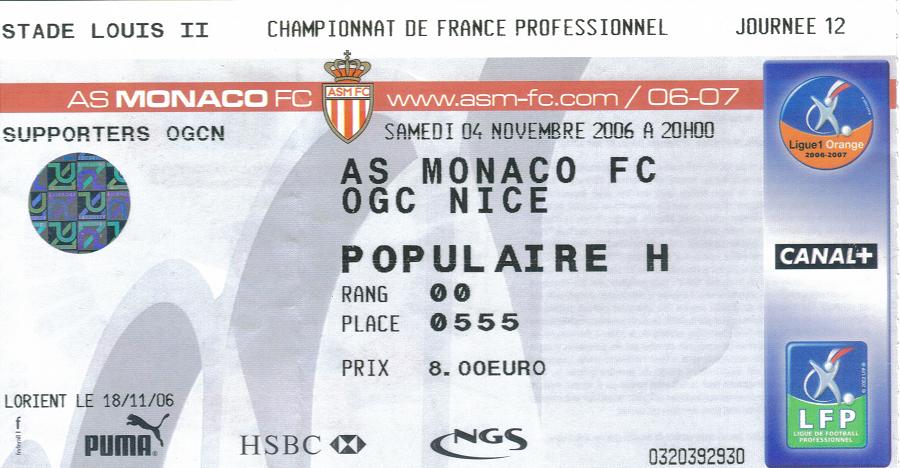 Billet 2006_2007 - 12è journée L1 - Monaco-Nice