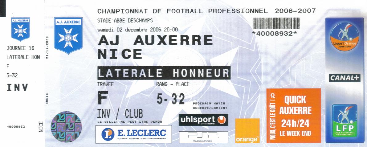 Billet 2006_2007 - 16è journée L1 - Auxerre-Nice