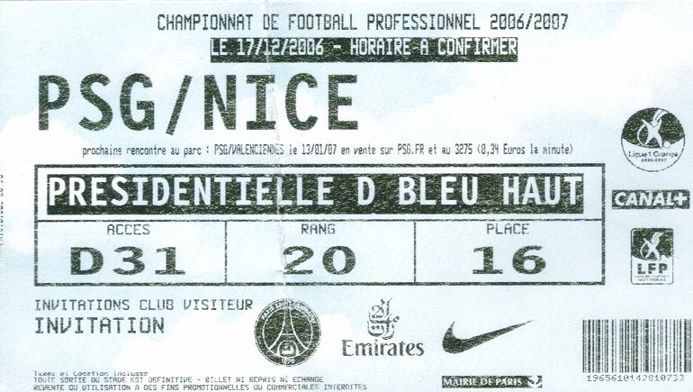 Billet 2006_2007 - 18è journée L1 - PSG-Nice