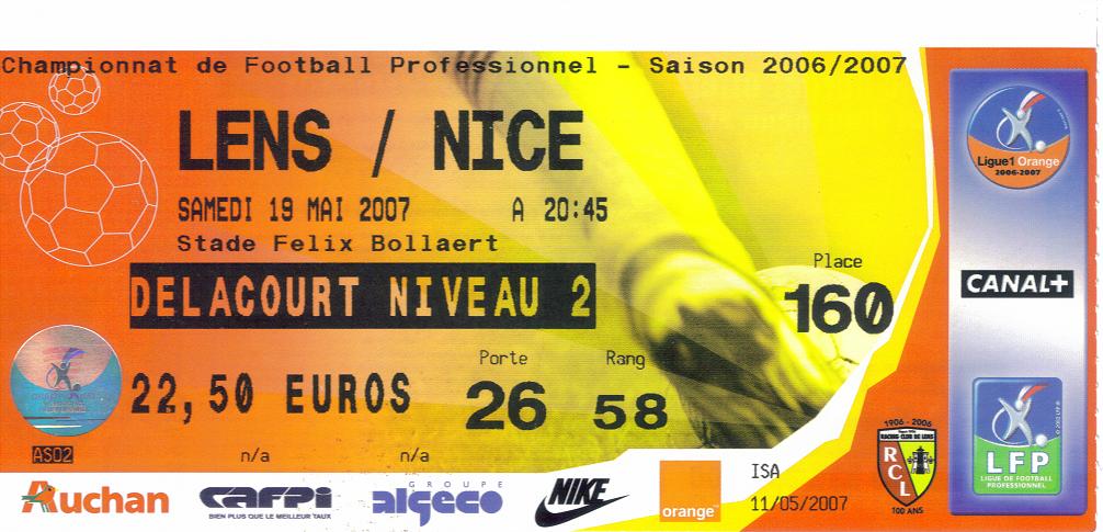 Billet 2006_2007 - 37è journée L1 - Lens-Nice