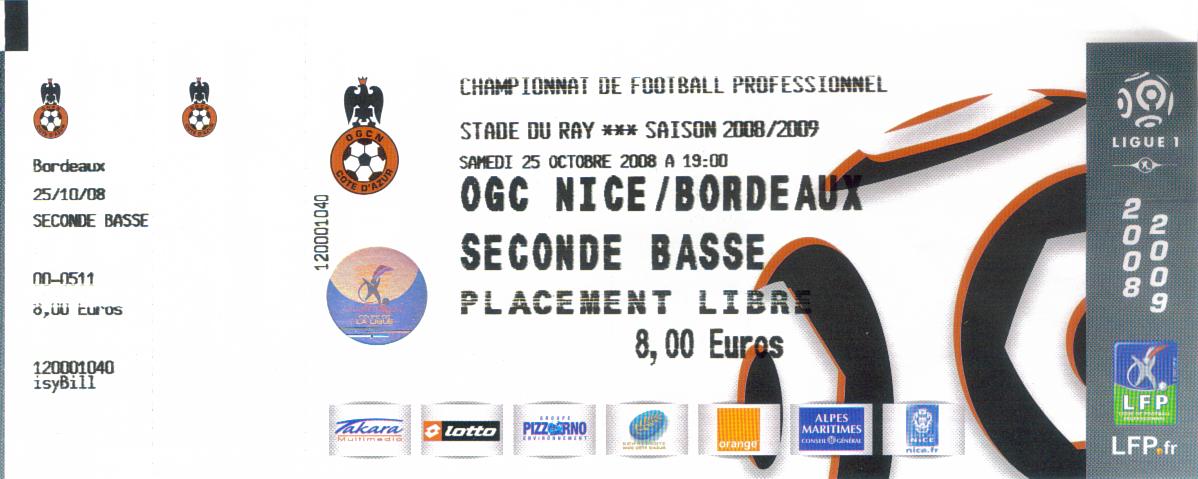Billet 2008_2009 - 10è journée L1 - Nice-Bordeaux 