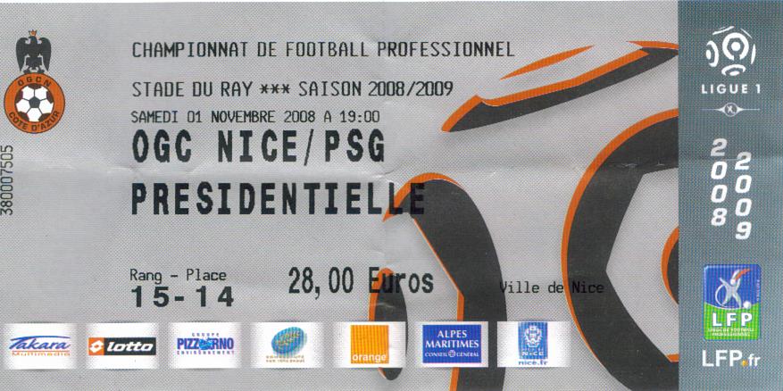 Billet 2008_2009 - 12è journée L1 - Nice-PSG 