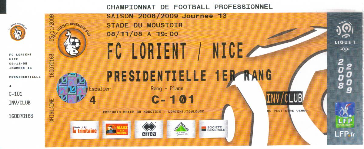 Billet 2008_2009 - 13è journée L1 - Lorient-Nice