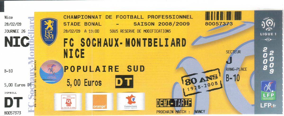 Billet 2008_2009 - 26è journée L1 - Sochaux-Nice