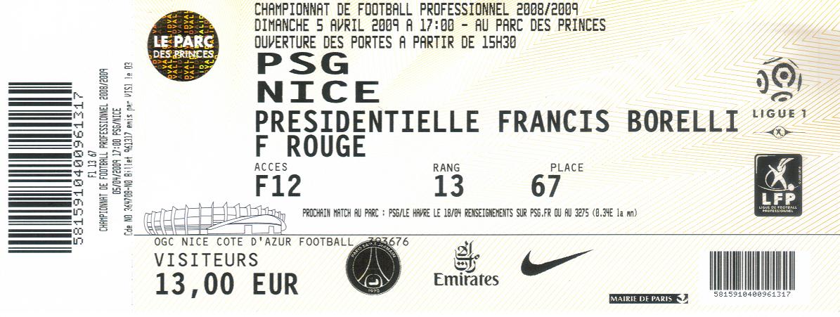 Billet 2008_2009 - 30è journée L1 - PSG-Nice