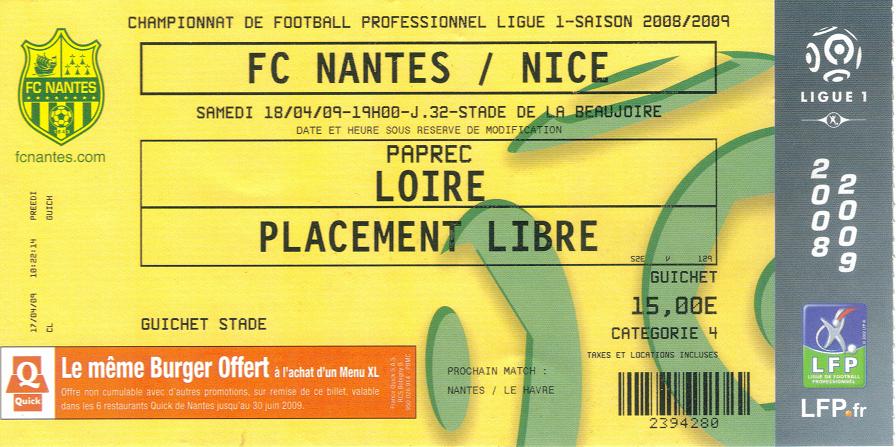 Billet 2008_2009 - 32è journée L1 - Nantes-Nice