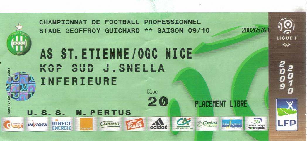 Billet 2009_2010 - 01è journée L1 - St Etienne 0-2 Nice (Stade Geoffroy- Guichard le 08/08/2009)