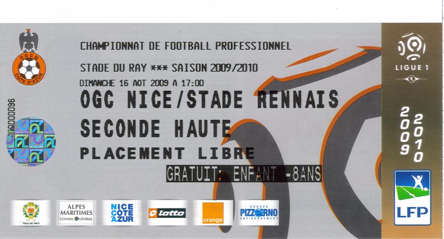 Billet 2009_2010 - 02è journée L1 - Nice 1-1 Rennes (Stade du Ray le 16/08/2009)