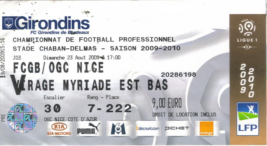 Billet 2009_2010 - 03è journée L1 - Bordeaux 4-0 Nice (Stade Chaban-Delmas le 23/08/2009)