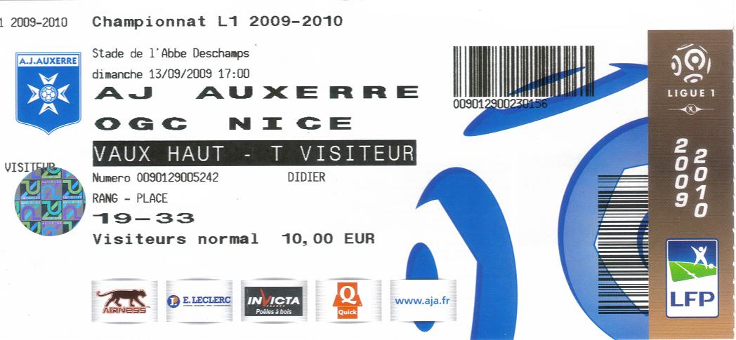 Billet 2009_2010 - 05è journée L1 - Auxerre 2-0 Nice (Stade Abbé Deschamps le 13/09/2009)