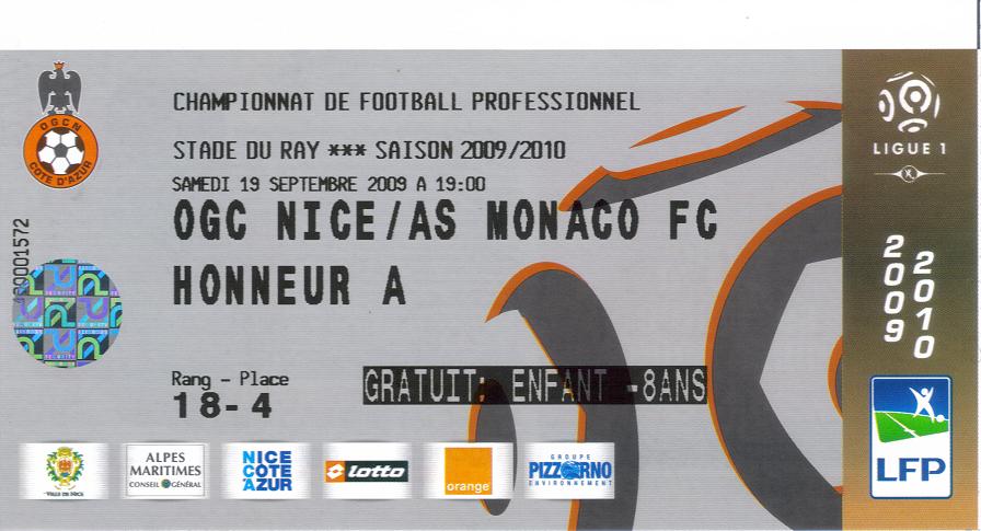 Billet 2009_2010 - 06è journée L1 - Nice 1-3 Monaco (Stade du Ray le 19/09/2009)