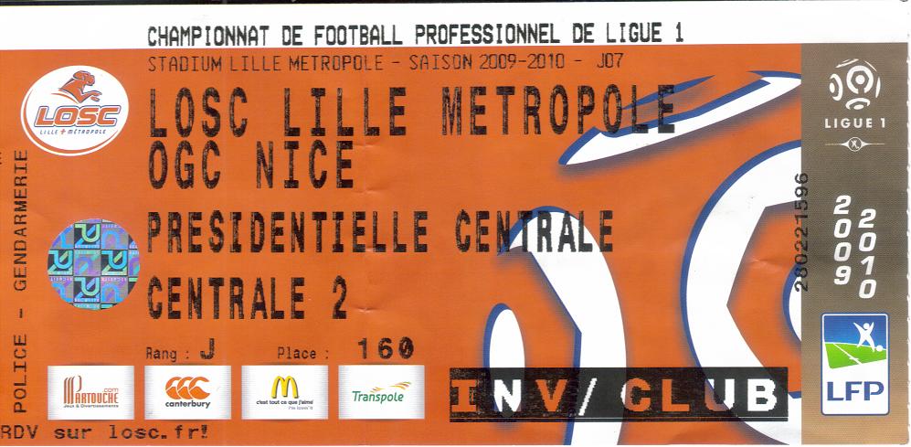 Billet 2009_2010 - 07è journée L1 - Lille 1-1 Nice (Stadium Nord Villeneuve d'Ascq le 27/09/2009)