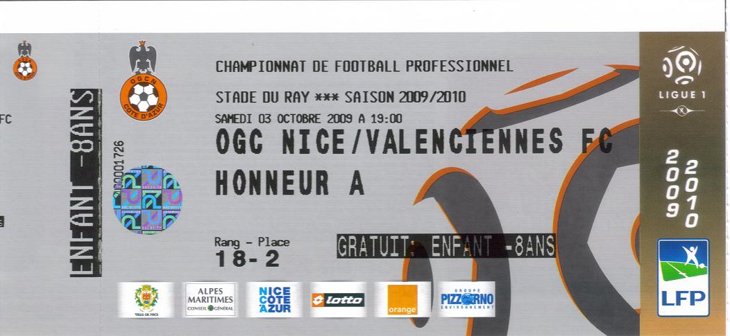 Billet 2009_2010 - 08è journée L1 - Nice 3-2 Valenciennes (Stade du Ray le 03/10/2009)