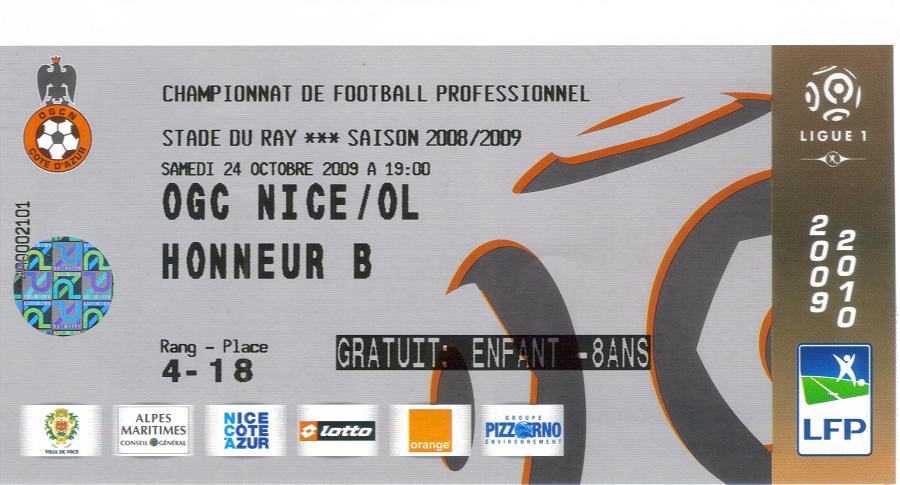 Billet 2009_2010 - 10è journée L1 - Nice 4-1 Lyon (Stade du Ray le 24/10/2009)