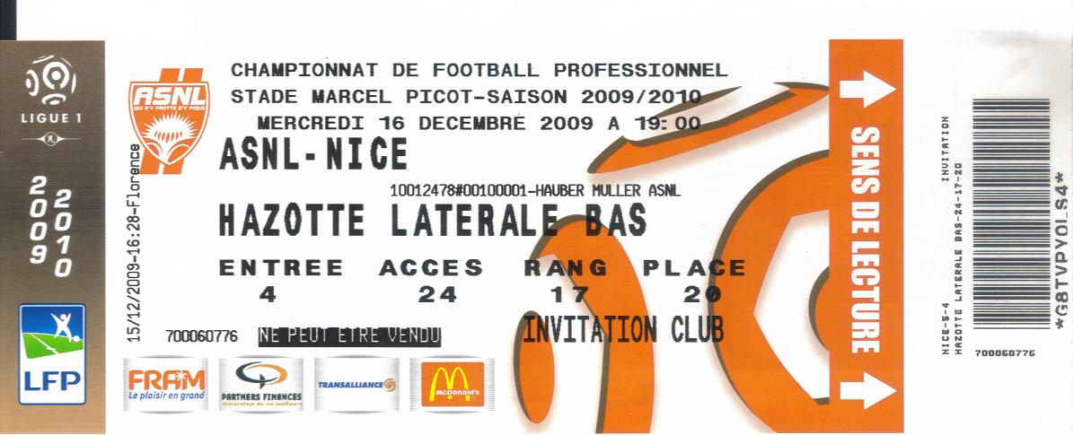 Billet 2009_2010 - 11è journée L1 - Nancy 2-0 Nice 5stade Marcel Picot le 16/12/2009)