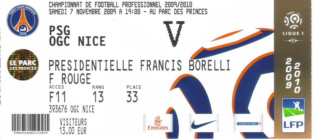 Billet 2009_2010 - 13è journée L1 - PSG 0-1 Nice (Parc des Princes le 07/11/2009)