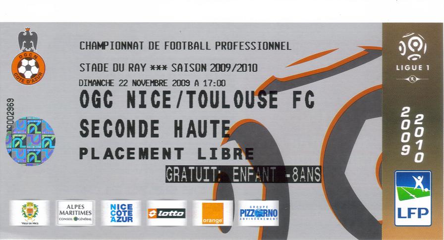 Billet 2009_2010 - 14è journée L1 - Nice 1-0 Toulouse (Stade du Ray le 22/11/2009)