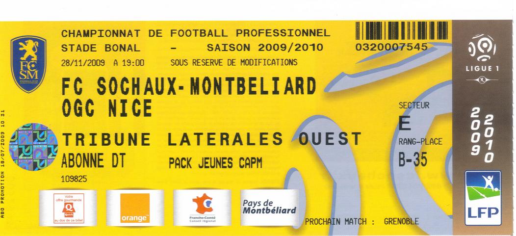 Billet 2009_2010 - 14è journée L1 - Sochaux 1-0 Nice (Stade Bonal le 28/11/09)