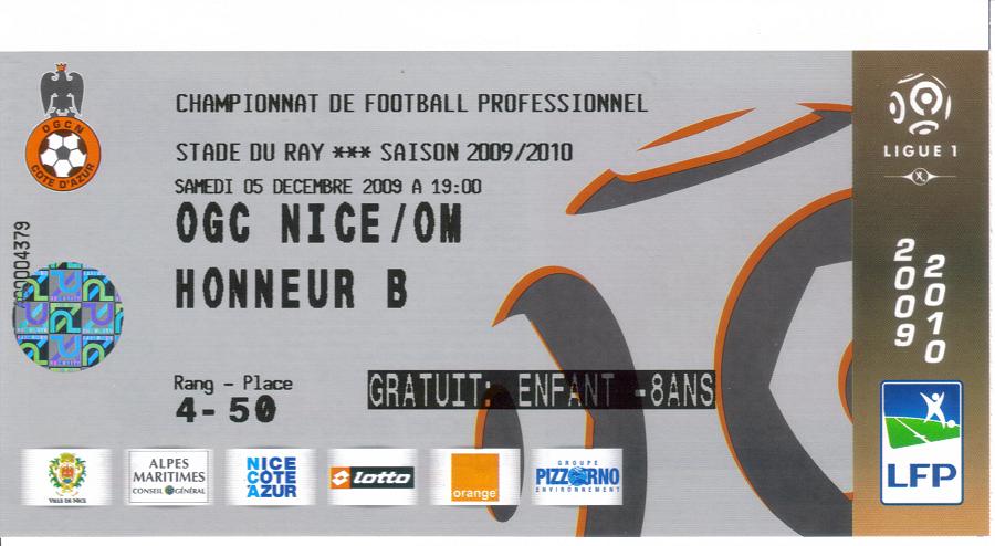 Billet 2009_2010 - 16è journée L1 - Nice 1-3 Marseille (Stade du Ray le 05/12/2009)