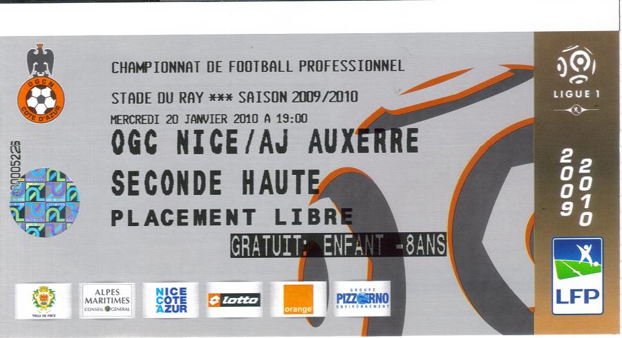 Billet 2009_2010 - 21è journée L1 - Nice 0-1 Auxerre (Stade du Ray le 20/01/2010)