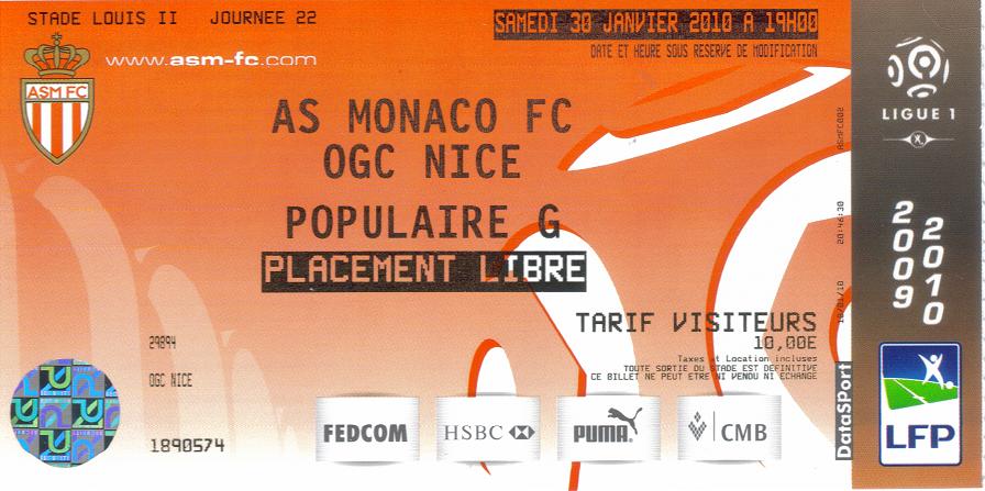 Billet 2009_2010 - 22è journée L1 - Monaco 3-2 Nice (Stade Louis II le 30/01/2010)