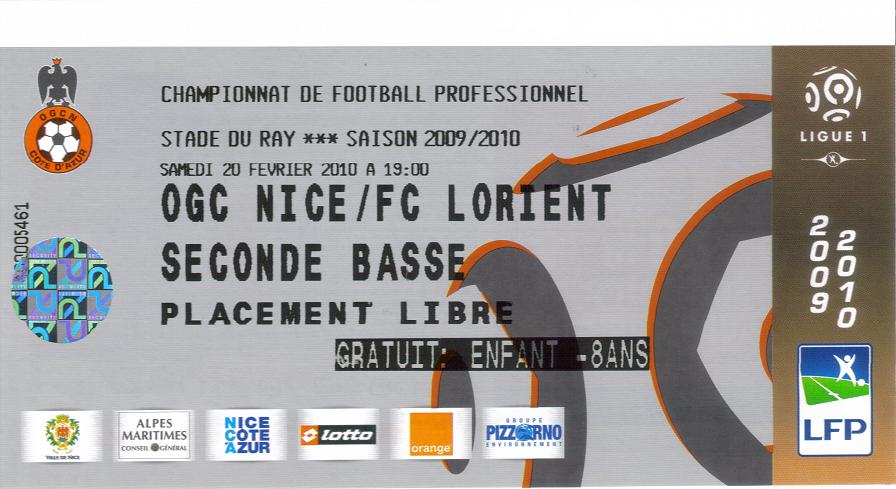 Billet 2009_2010 - 25è journée L1 - Nice 1-0 Lorient (Stade du Ray le 20/02/2010)