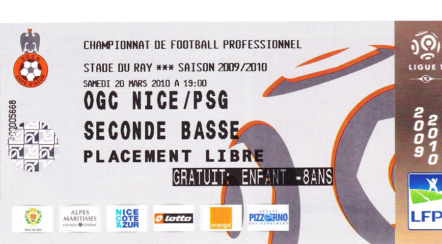 Billet 2009_2010 - 29è journée L1 - Nice 1-0 PSG (Stade du Ray le 20/03/10)