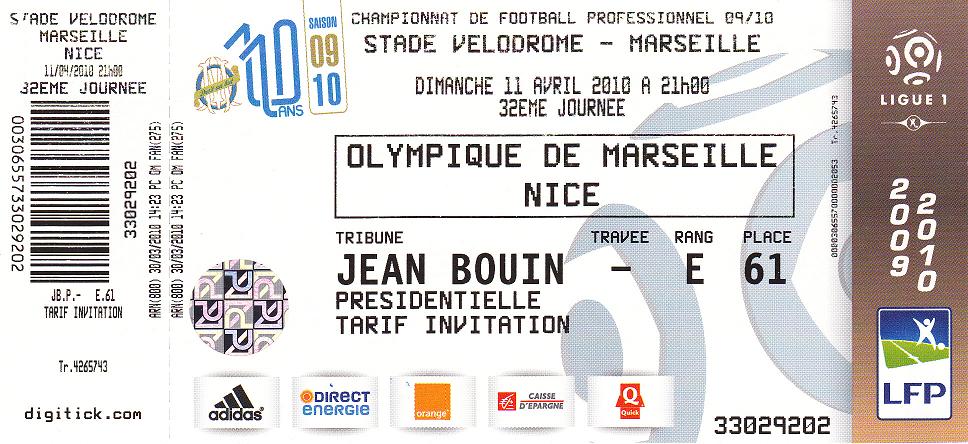 Billet 2009_2010 - 32è journée L1 - Marseille 4-1 Nice (Stade Vélodrome le 11/04/10)