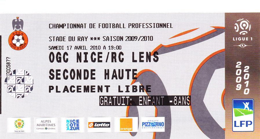 Billet 2009_2010 - 33è journée L1 - Nice 0-0 Lens (Stade du Ray le 17/04/10)