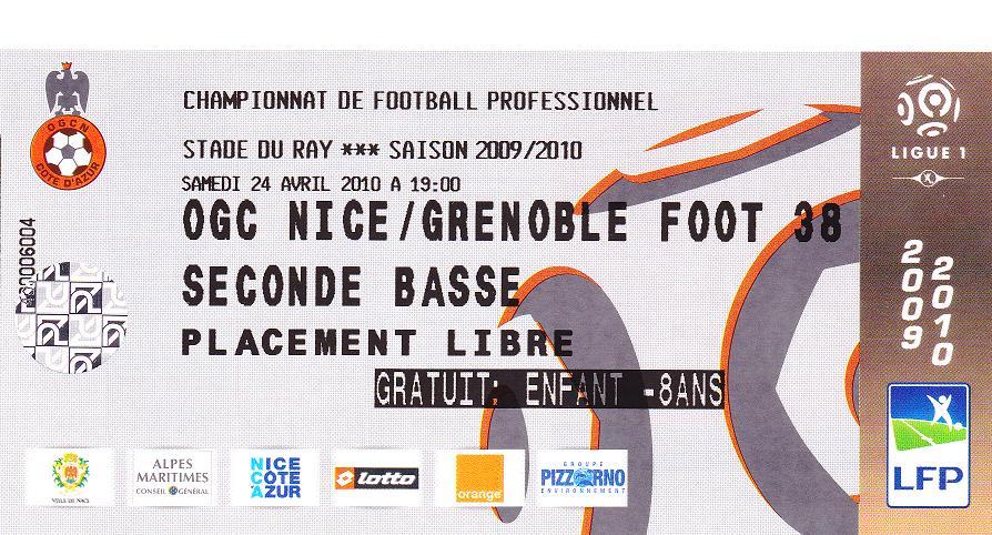 Billet 2009_2010 - 34è journée L1 - Nice 2-1 Grenoble (Stade du Ray le 24/04/10)