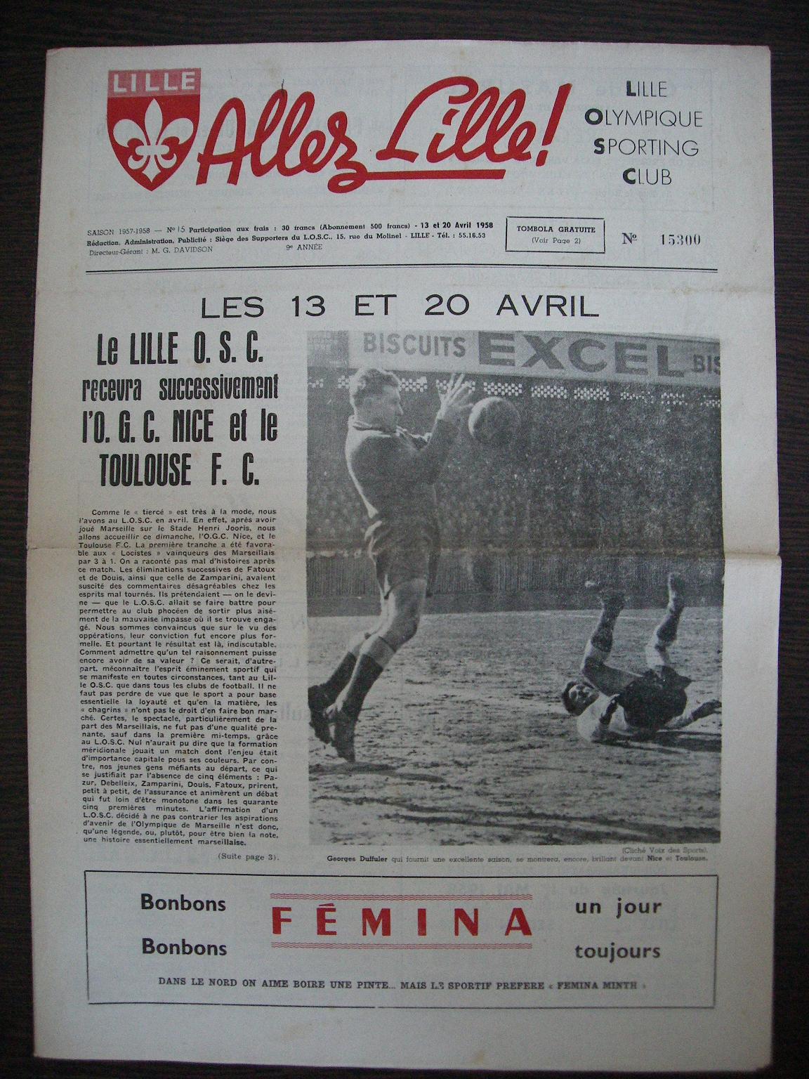 Prog 1957_1958 - 30è journée D1 - Lille 1-0 Nice (Stade Grimonprez-Jooris le 13/04/1958)