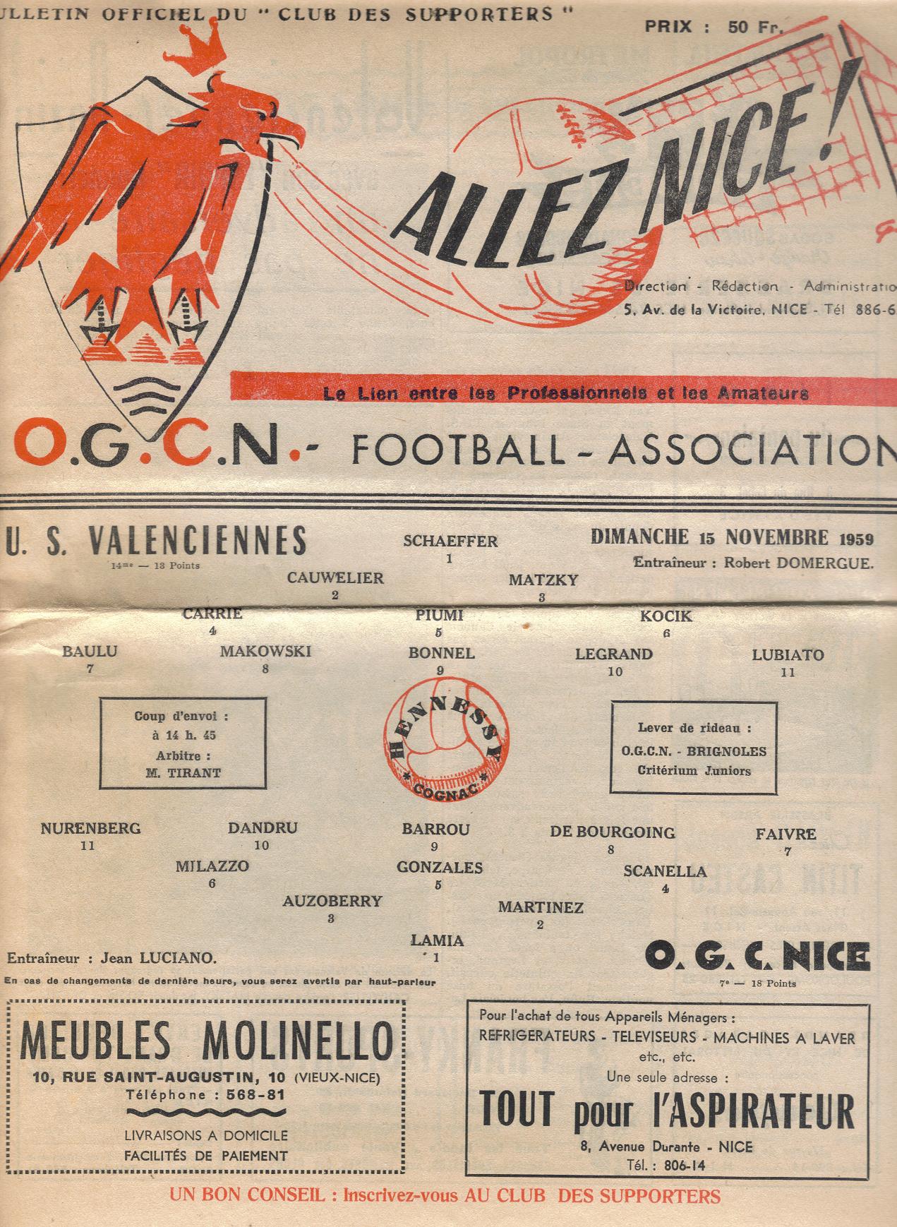 Prog 1959_1960 - 17è journée D1 - Nice 1-1 Valenciennes (Stade du Ray le 15/11/1959)