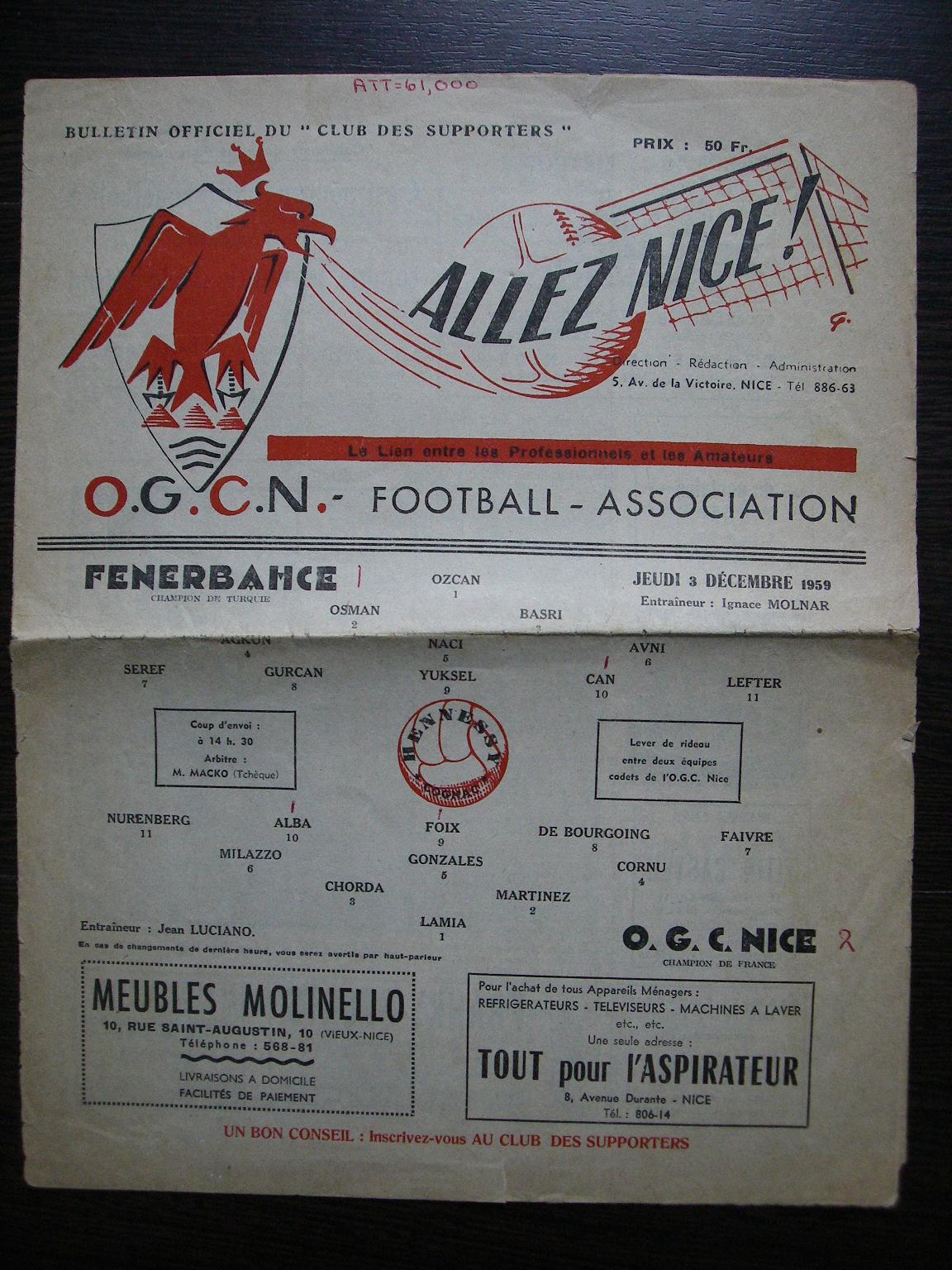 Prog 1959_1960 - Huitième de finale C1 aller - Nice 2-1 Fenerbahce (Stade du Ray le 03/12/1959)