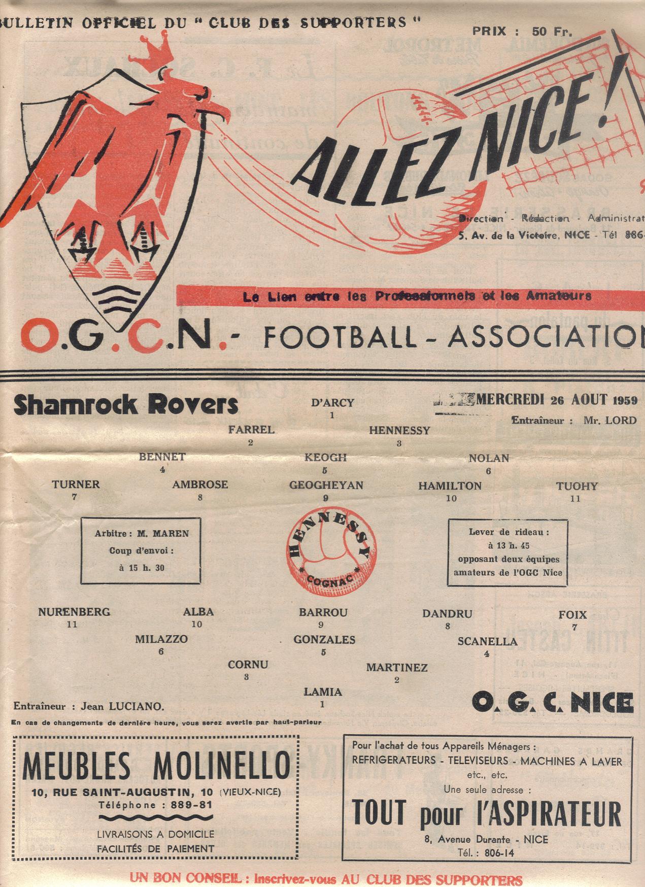 Prog 1959_1960 - Tour préliminaire C1 aller - Nice 3-2 Shamrock Rovers Dublin (Stade du Ray le 26/08/1959)