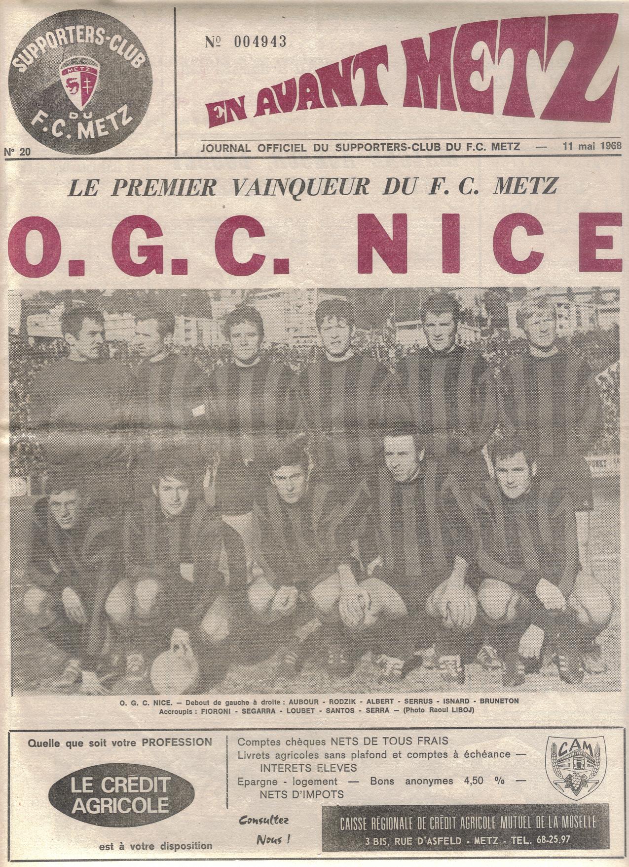 Prog 1967_1968 - 21è journée D1 - Metz 1-2 Nice (Stade St Symphorien le 11/05/1968)