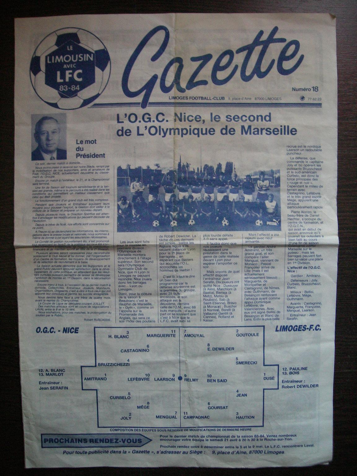 Prog 1983_1984 - 36è journée D2 Gpe A - Limoges - Nice